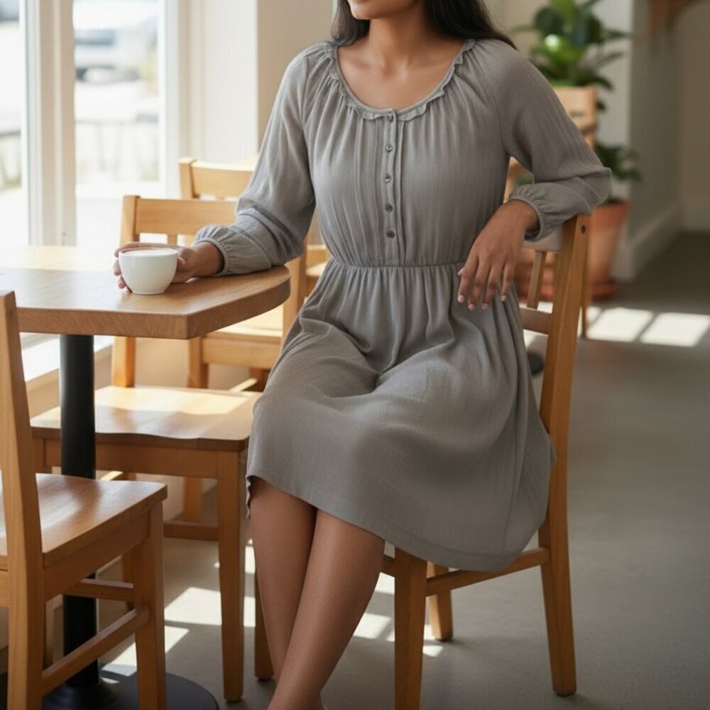 J.Crew Silk Chiffon Dress Gray Long Sleeve Flowy Mini Size 8